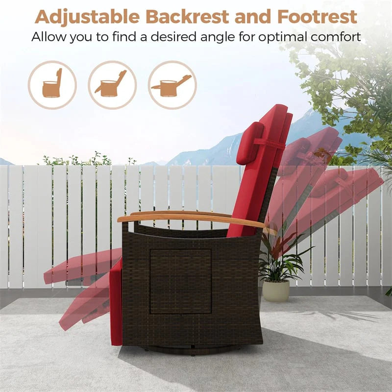 Outdoor Rattan 360�� Swivel Recliner Chair, Patio Wicker Chaise Lounge Chair with Adjustable Backrest & Footrest, Flip Side Table & Cushions