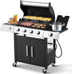 Upgraded 4 Burner BBQ Propane Gas Grill with Cast Iron Grates & Side Stove, 44,000 BTU Stainless Steel Burner Barbecue Grill for Patio, Camping, Outdoor Cooking MELLCOM