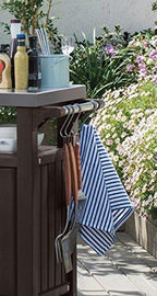 Keter Unity Portable Outdoor Table and Storage Cabinet with Hooks for Grill Accessories-Stainless Steel Top for Patio Kitchen Island or Bar Cart, Espresso Brown