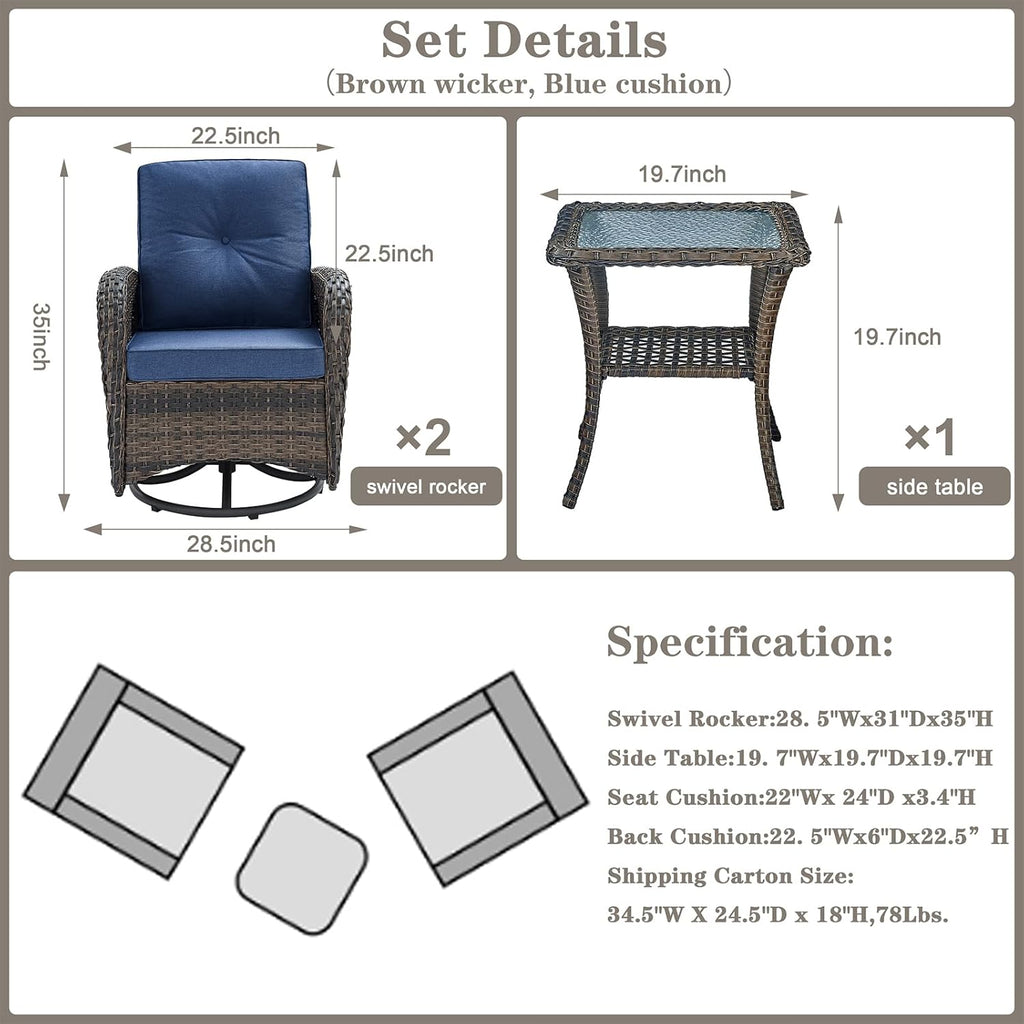 Belord Patio Wicker Chairs Swivel Rocker - Outdoor Swivel Rocking Chairs Set of 2 with Rattan Side Table  Patio Swivel Glider Chair 3 Piece Patio Furniture Sets for Deck Porch Pool Brown/Blue