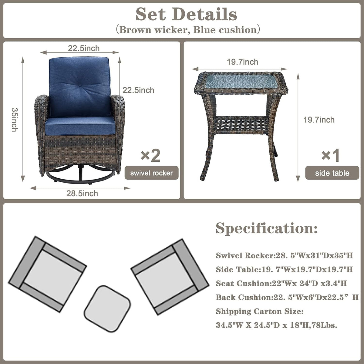 Belord Patio Wicker Chairs Swivel Rocker - Outdoor Swivel Rocking Chairs Set of 2 with Rattan Side Table  Patio Swivel Glider Chair 3 Piece Patio Furniture Sets for Deck Porch Pool Brown/Blue