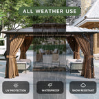 Aoxun 12'x10' Hardtop Gazebo  Aluminum Frame Permanent Pavilion with Curtains and Netting  Outdoor Polycarbonate Double Roof Canopy  Designed for Garden  Lawns  Patio  Brown
