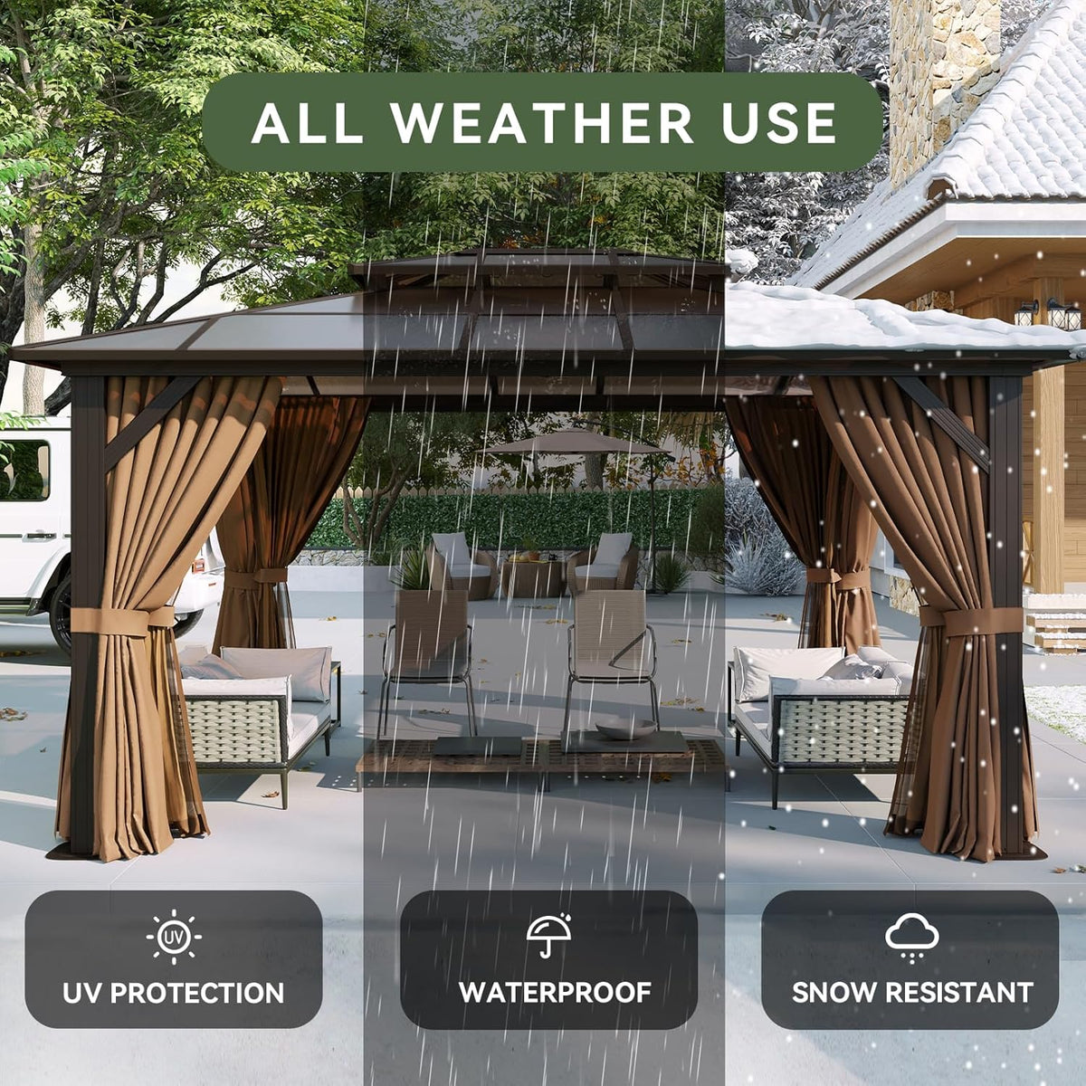 Aoxun 12'x10' Hardtop Gazebo  Aluminum Frame Permanent Pavilion with Curtains and Netting  Outdoor Polycarbonate Double Roof Canopy  Designed for Garden  Lawns  Patio  Brown