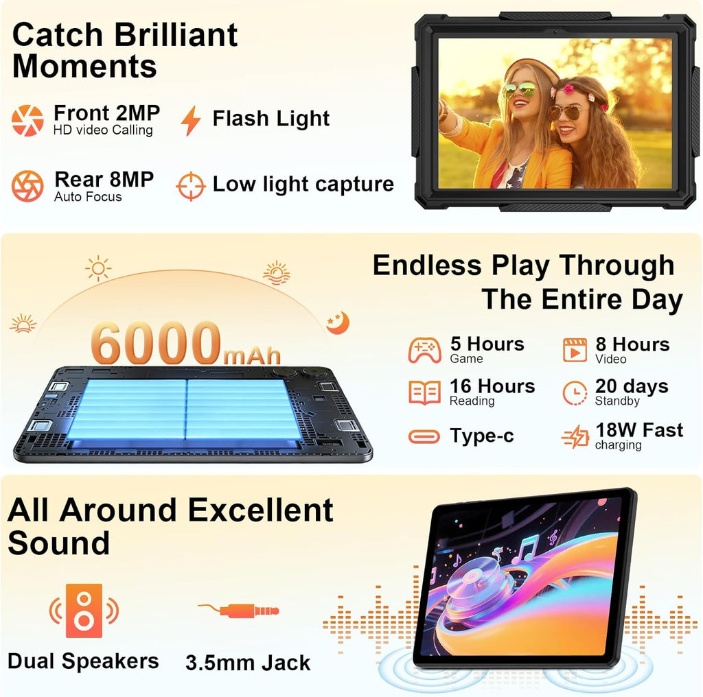 EHFiDC Tablet 10 Inch Android 16 Tablets, 32GB RAM 128GB ROM 2TB Expand, 2.2GHz Octa-Core, 6000mAh, 5G WiFi, HD IPS Display, Widevine L1, Drop-Proof EVA Case