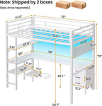 ADORNEVE Loft Bed Twin Size with L-Shaped Desk, LED Lights,Charging Station,Twin Metal Loft Bed with Desk, Fabric Drawers & Shelves, 13.4" H Safety Guard, No Box Spring Needed,White