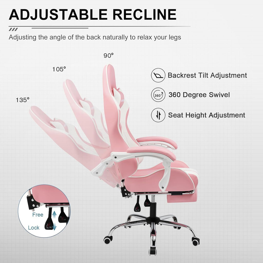 GTPLAYER Gaming Chair, Computer Chair with Footrest and Lumbar Support, Height Adjustable Game Chair with 360  -Swivel Seat and Headrest and for Office or Gaming (White)