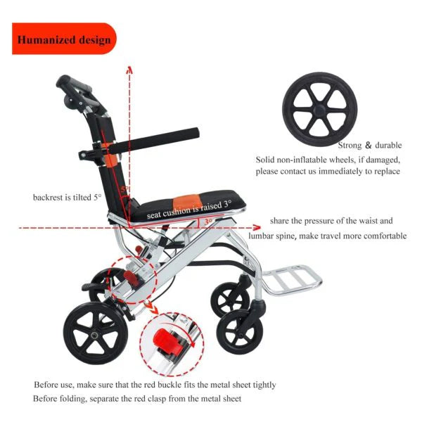 Ultra-Light Portable Folding Wheelchair, Travel-Friendly with Handbrake, 220 lbs Capacity, Ideal for Elderly & Children, 34.2×32.6 Unfolded Dimensions