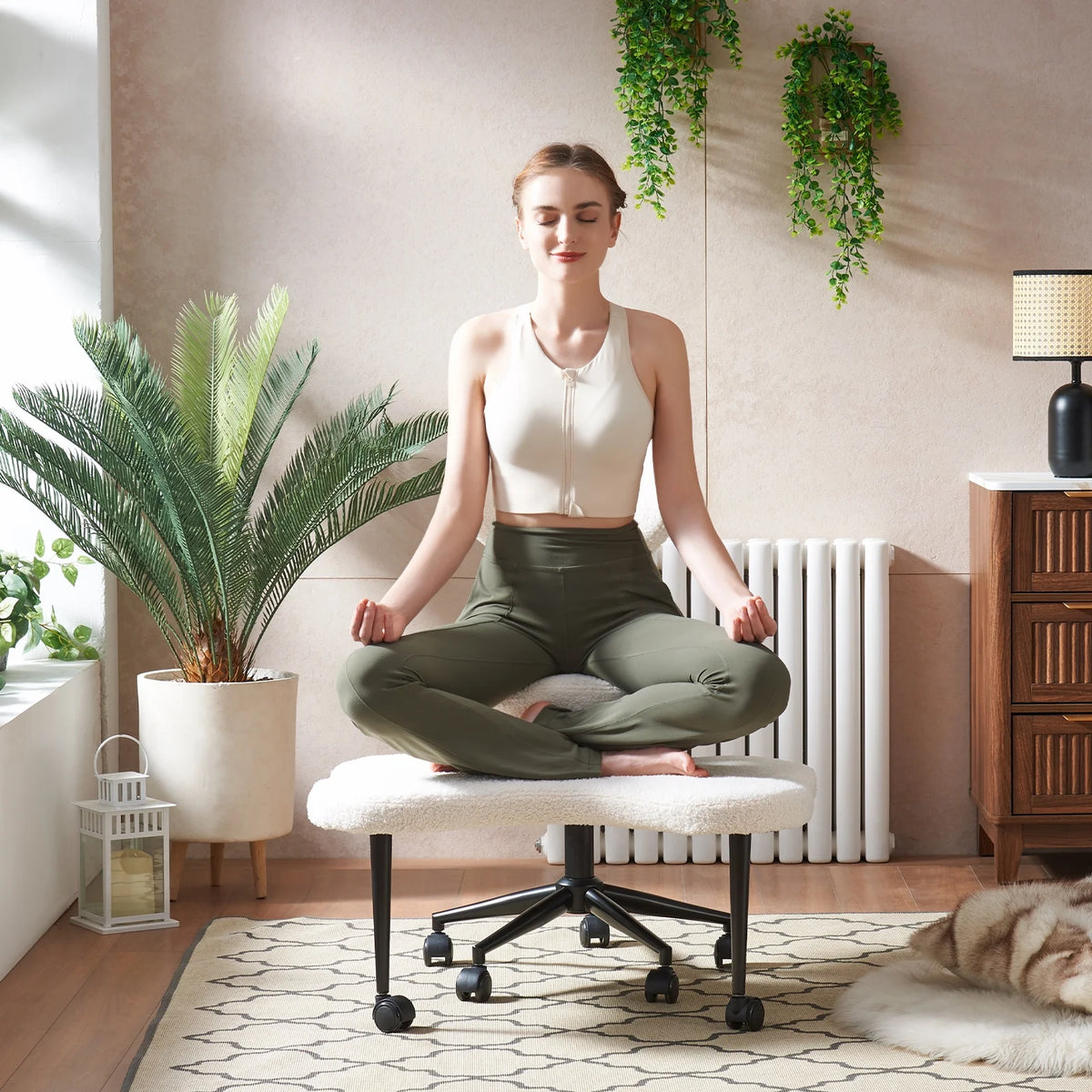 Pinmoco Ergonomic Cross Legged Swivel Chair, Adjustable Height and Teddy Fabric, Meditation& ADHD Chair with Back Support, Home and Office, Off White