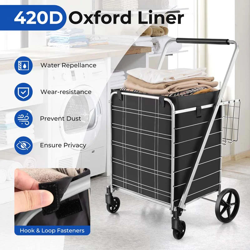 27.5 Gallon Jumbo Folding Shopping Cart with Waterproof Liner & Double Basket, Heavy Duty Portable Utility Cart for Grocery Market Laundry