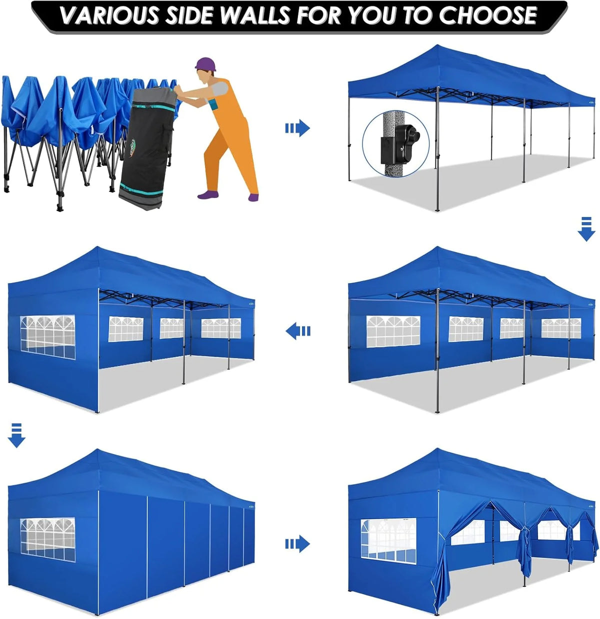 COBIZI 10x20 Heavy Duty Pop up Canopy Tent with 6 sidewalls Easy Up Commercial Outdoor Canopy Wedding Party Tents for Parties All Season Wind & Waterproof Gazebo with Roller Bag,Black(Frame Thickened)