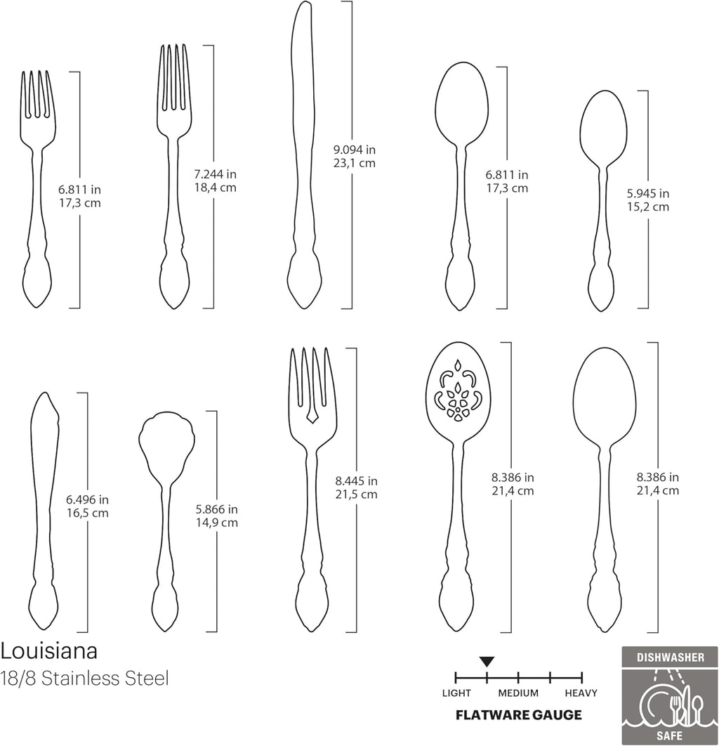 Oneida Silverware Set For 8 with Serving Utensils, Louisiana 45-Piece Fine Flatware Set, Service For 8, 18/8 Stainless Steel, Mirror, Knives Spoons Forks Serving Spoons,Dishwasher Safe(Silver 45 Piece