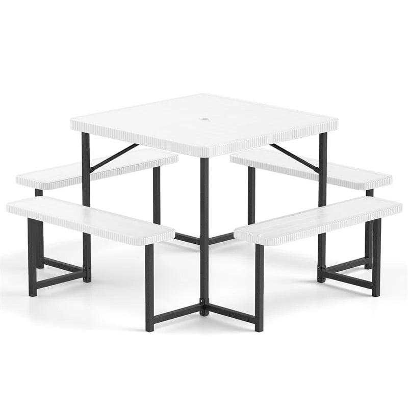 4-8 Person Outdoor Picnic Table Bench Set, All-Weather HDPE Square Dining Table with Umbrella Hole, 4 Benches & Metal Frame for Patio Backyard
