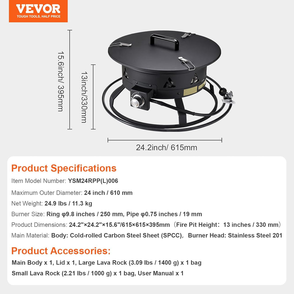 VEVOR Portable Propane Fire Pit, 24-Inch Diameter Outdoor Gas Fire Pit with Cover & Lava Rocks, Adjustable Flame Height Camping Firepit for Heating, Lighting, Gathering, 58,000 BTU, Black