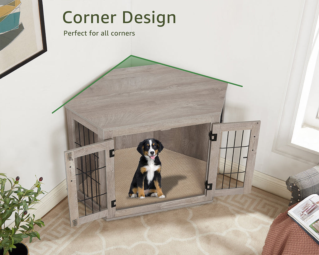 Unipaws Corner Dog Crate Furniture, Wooden Dog Kennel for Dogs Puppy, Pet Crate for Limited Room, Medium, Weathered Gray