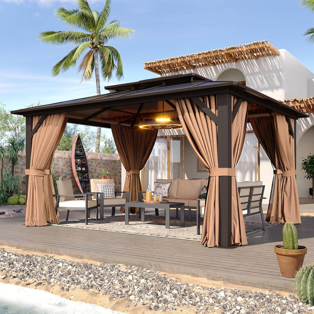 Aoxun 12'x10' Hardtop Gazebo  Aluminum Frame Permanent Pavilion with Curtains and Netting  Outdoor Polycarbonate Double Roof Canopy  Designed for Garden  Lawns  Patio  Brown
