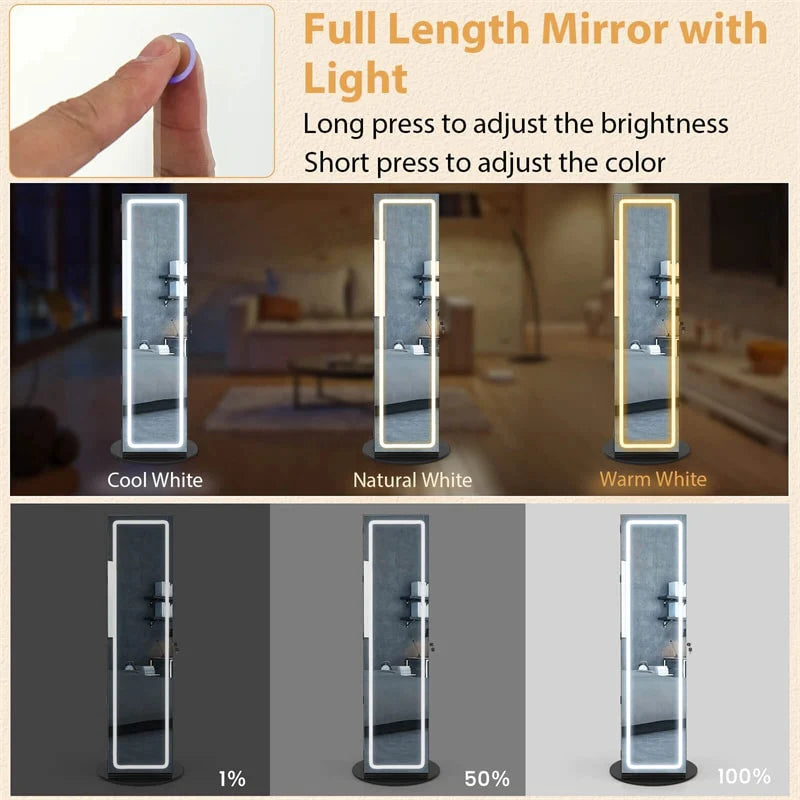 360�� Swivel Jewelry Cabinet Armoire w/ Full Length Mirror 3-Color LED Lights & Rear Shelves, Lockable Standing Jewelry Storage Organizer