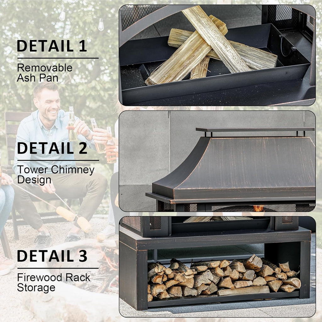 39" Fire Pits with Wood Storage for Outside, Large Wood Burning Outdoor Fireplace with Chimney, Mesh Spark Screen & Fire Poker, Idea for Backyard, Patio, Party, Camping, Picnic