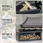39" Fire Pits with Wood Storage for Outside, Large Wood Burning Outdoor Fireplace with Chimney, Mesh Spark Screen & Fire Poker, Idea for Backyard, Patio, Party, Camping, Picnic