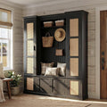 Large Hall Tree with Bench & Rattan Doors, 4-in-1 Entryway Coat Rack with Shoe Storage, 4 Hooks, Shelves, Mid-Century Shoe Bench for Hallway Mudroom, Black, 63.2��W x 15.7��D x 76.8��H
