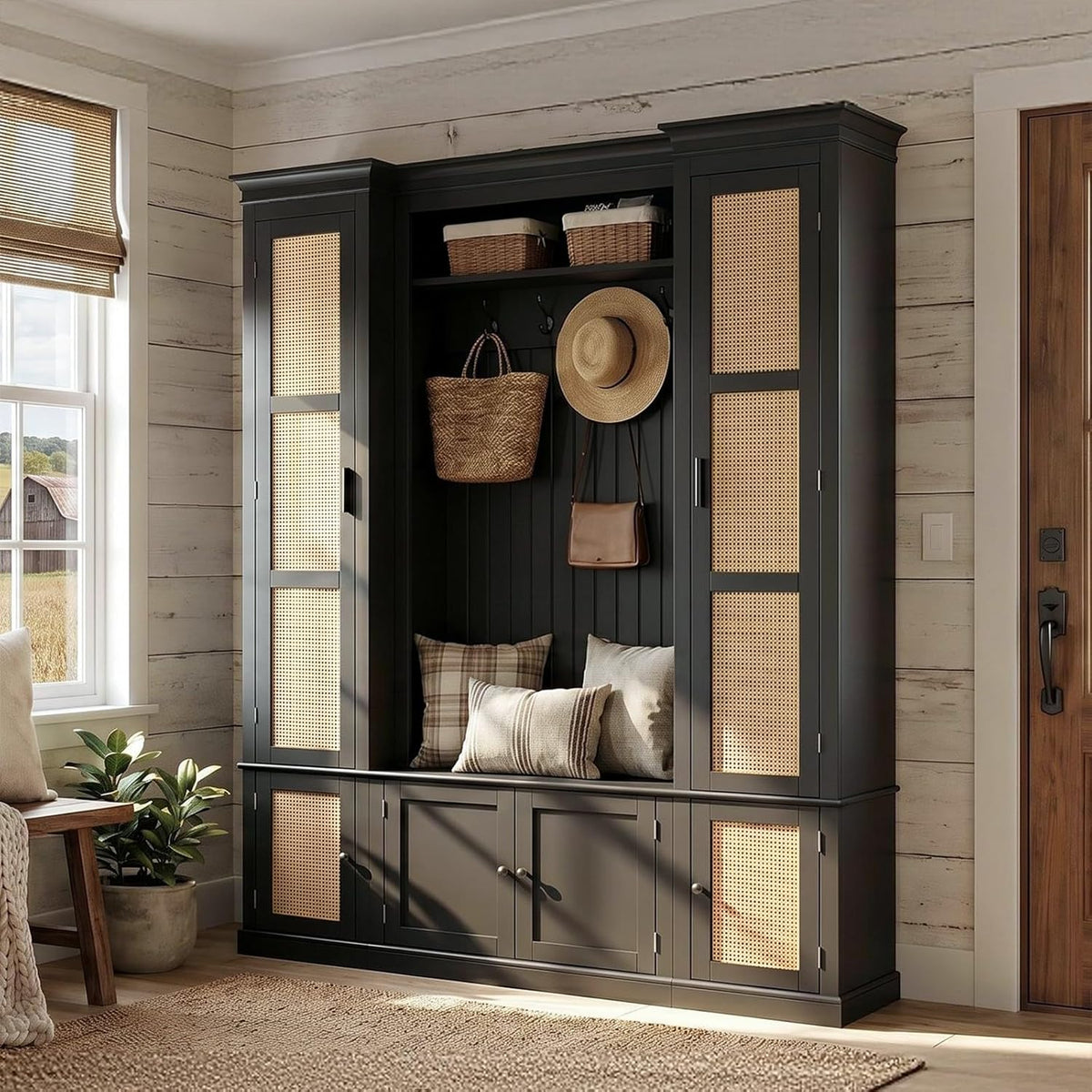 Large Hall Tree with Bench & Rattan Doors, 4-in-1 Entryway Coat Rack with Shoe Storage, 4 Hooks, Shelves, Mid-Century Shoe Bench for Hallway Mudroom, Black, 63.2��W x 15.7��D x 76.8��H