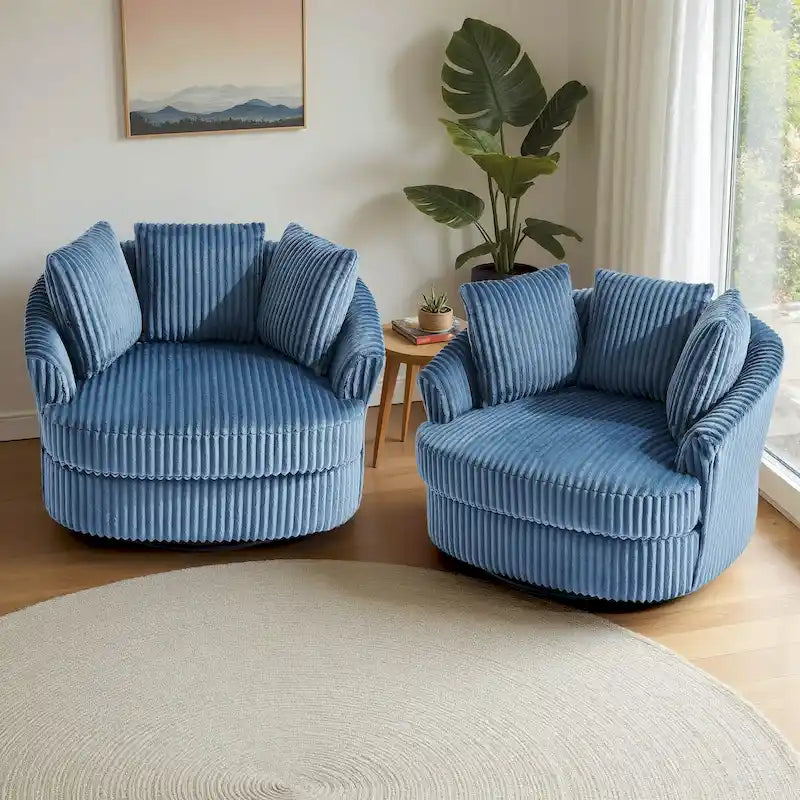 2 Set Oversized 43 W Plush Corduroy Swivel Barrel Chair with Pillows