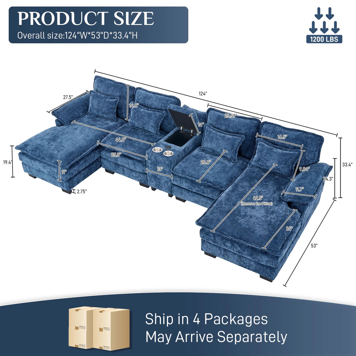 Wiilayok U Shaped Cloud Couch Modular Sectional Sofa 124" Extra Deep Fluffy Chenille Double Chaise Lounge, Central Console w/ Dual USB-C & A Ports, Storm Gray