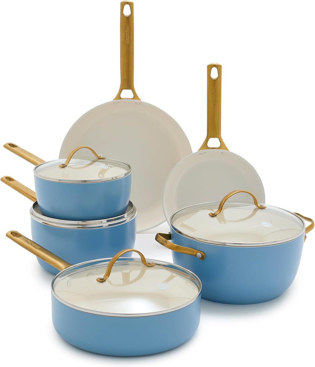 Reserve Hard Anodized Healthy Ceramic Nonstick 10 Piece Cookware Pots and Pans Set, Gold Handle, PFAS-Free, Dishwasher Safe, Oven Safe, Black