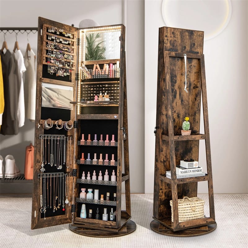 360�� Swivel Jewelry Cabinet Armoire w/ Full Length Mirror 3-Color LED Lights & Rear Shelves, Lockable Standing Jewelry Storage Organizer