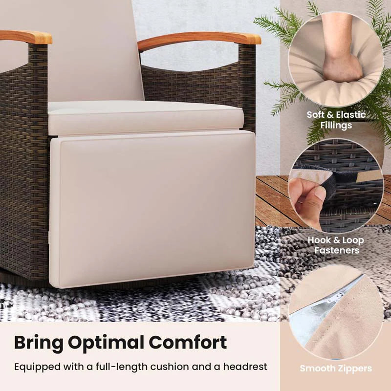 Outdoor Rattan 360�� Swivel Recliner Chair, Patio Wicker Chaise Lounge Chair with Adjustable Backrest & Footrest, Flip Side Table & Cushions