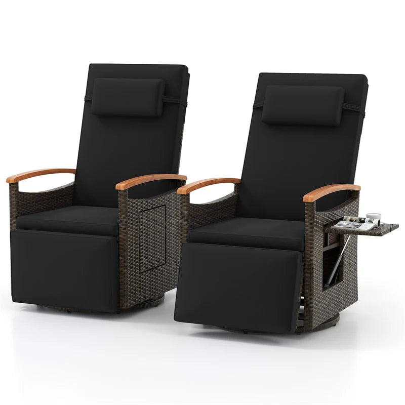 Outdoor Rattan 360�� Swivel Recliner Chair, Patio Wicker Chaise Lounge Chair with Adjustable Backrest & Footrest, Flip Side Table & Cushions