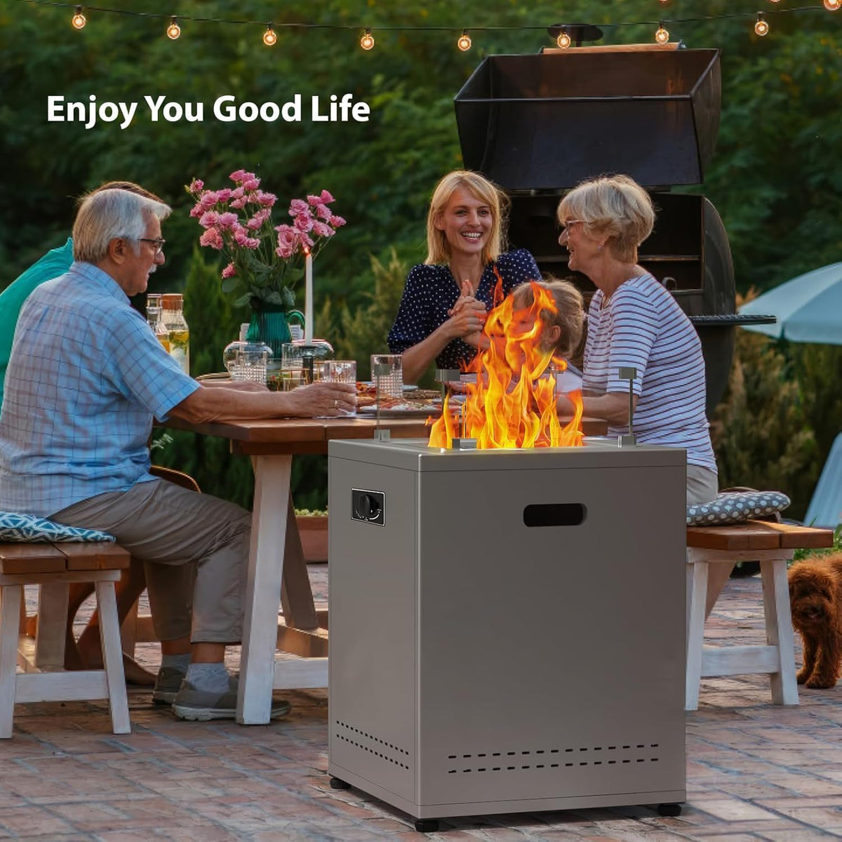 20" Square Smokeless Propane Fire Pit Table, 50,000 BTU Portable Outdoor Patio Heater with Lava Rocks, Glass Wind Guard & Cover for Deck, Backyard, Garden, Camping (Grey)