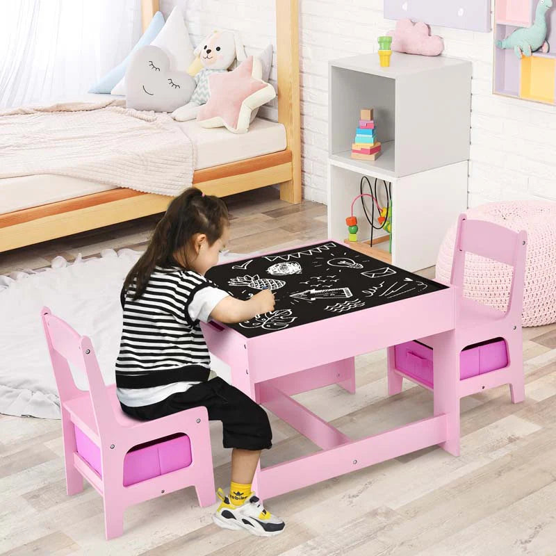 3-in-1 Kids Wood Table Chairs Set with Blackboard & Storage Drawers, Children Multi Activity Table for Learning Playing Drawing