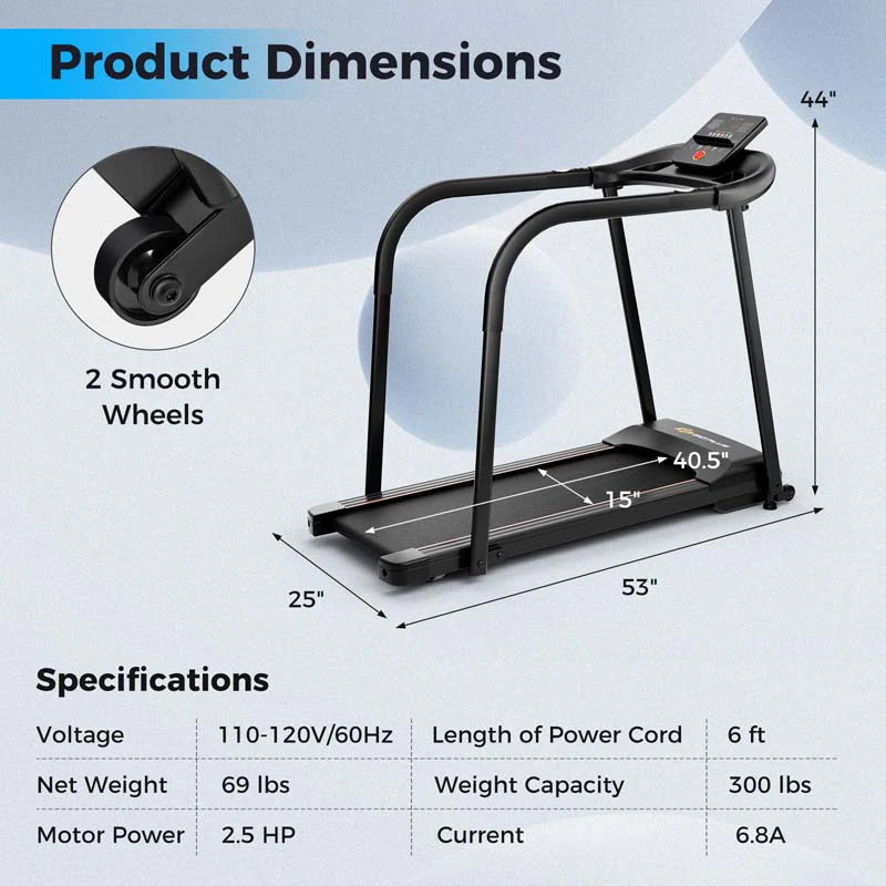 Walking Treadmill for Seniors - 2.5 HP Motor, Long Handrail, 300 lbs Capacity & Pulse Sensors