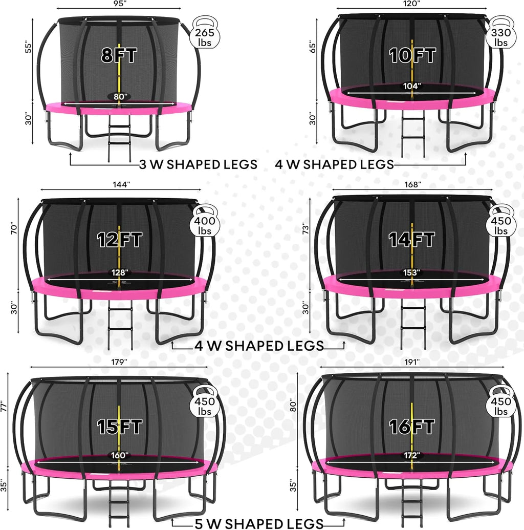 JUMPZYLLA Trampoline 8FT 10FT 12FT 14FT 15FT 16FT Trampoline with Enclosure - Recreational Trampolines with Ladder and AntiRust Coating, ASTM Approval Outdoor Trampoline for Kids