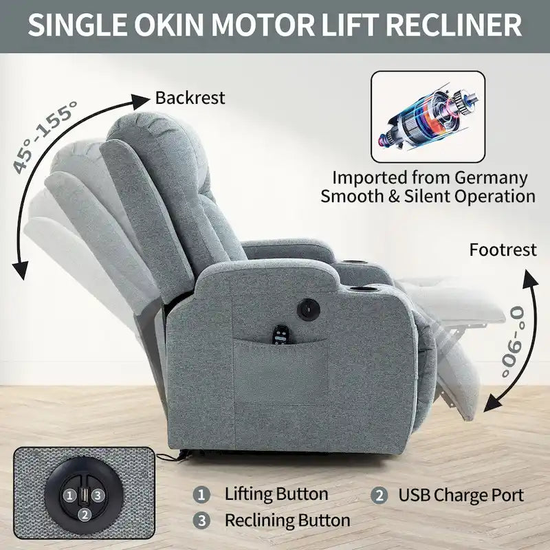 Lazy Boy Power Lift Recliner Chair, Modern Single Motor Massage Sofa Chair with Lumbar Heating, USB Charging Port, Cup Holders