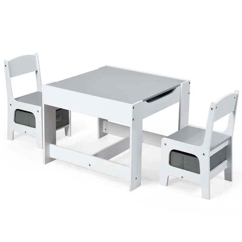 3-in-1 Kids Wood Table Chairs Set with Blackboard & Storage Drawers, Children Multi Activity Table for Learning Playing Drawing