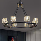 Black Wagon Wheel Chandelier, 8-Light Farmhouse Crystal Chandeleirs with Adjustable Height,Ceiling Hanging Light Fixture Pendant Lights for Living Room,Bedroom,Kitchen Island,Dining Room