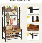 Recaceik Hall Tree with Bench and Shoe Storage, Entryway Coat Rack with Shoe Bench, Industrial Hall Tree with Drawers and 12 Hooks for Bedroom, Living Room