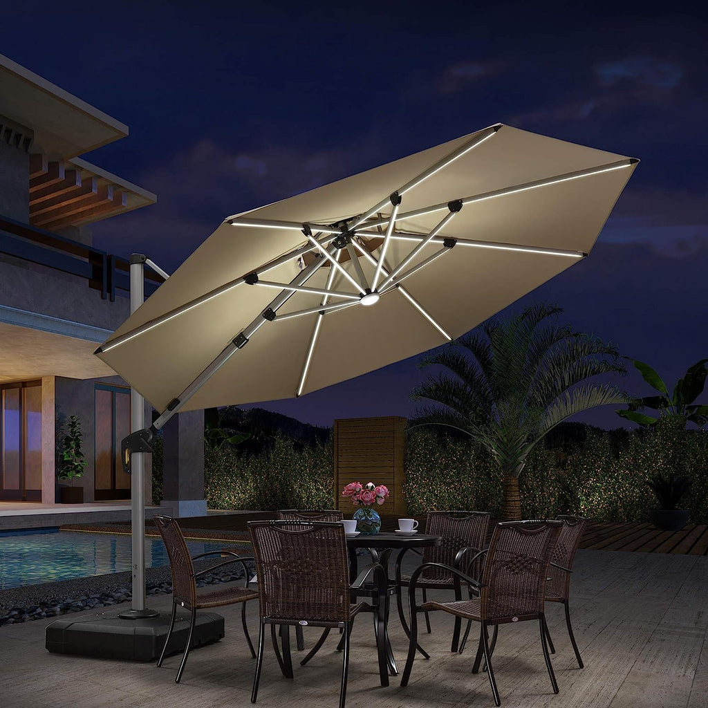 12ft Solar LED Patio Umbrella Outdoor Round Umbrella Large Cantilever Umbrella with LED Lights Windproof Bias Umbrella Heavy Duty Parasol for Garden Deck Pool Patio