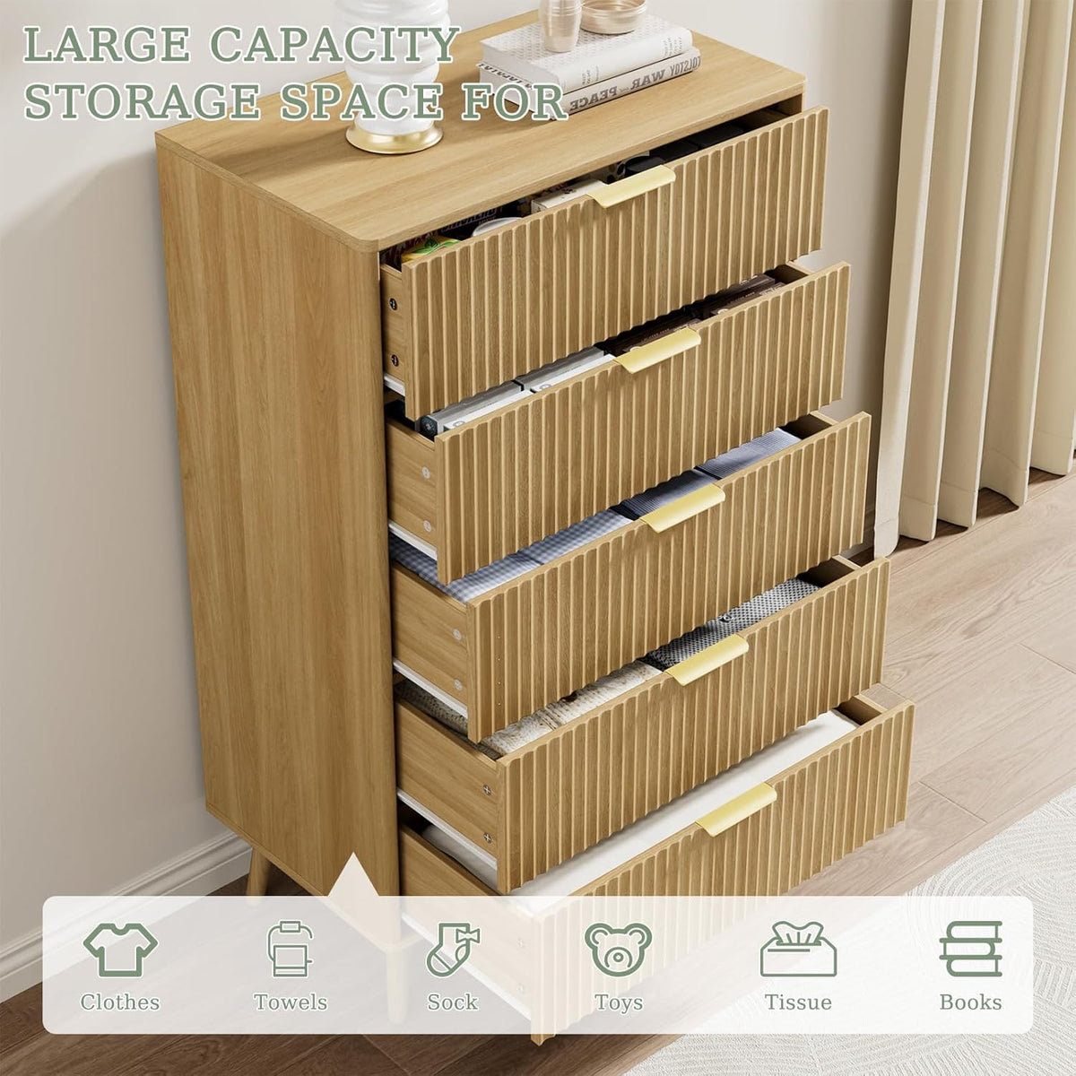 LYNSOM Fluted 5 Drawers Dresser, 45" Tall Modern Chest of Drawers with Curved Profile Design and Metal Handle, Wood Drawer Organizer for Bedroom, Living Room, Hallway, Entryway, Oak