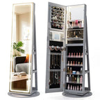 360�� Swivel Jewelry Cabinet Armoire w/ Full Length Mirror 3-Color LED Lights & Rear Shelves, Lockable Standing Jewelry Storage Organizer