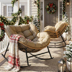 NICESOUL 2-Piece Outdoor Patio Papasan Rocking Chair  Cozy Oversized Wicker Gliding Lounge Chairs for Balcony  Patio or Porch  Wide & Large Double Royal Rocker with Comfy Padded Cushion  Brown/Tan
