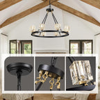 Black Wagon Wheel Chandelier, 8-Light Farmhouse Crystal Chandeleirs with Adjustable Height,Ceiling Hanging Light Fixture Pendant Lights for Living Room,Bedroom,Kitchen Island,Dining Room