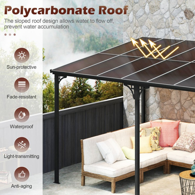 Wall-Mounted Patio Gazebo Large Outdoor Hardtop Pergola with Sloped Polycarbonate Roof