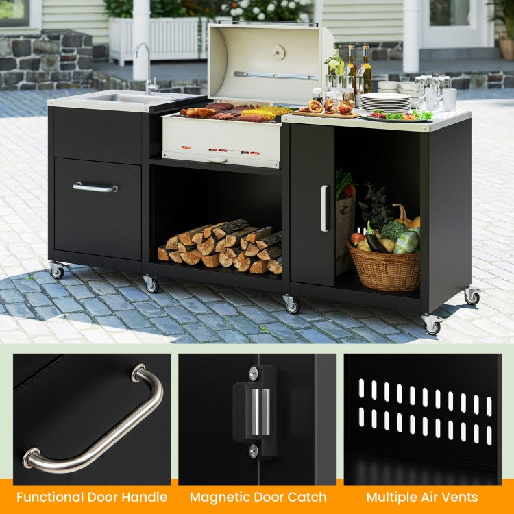 Outdoor Grill Table with Sink and Drainage Heavy Duty Metal Grill Cart