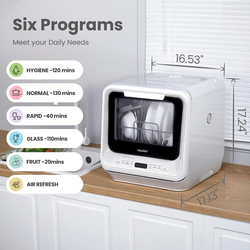 COMFEE' Portable Dishwasher Countertop with 5L Built-in Water Tank, No Hookup Needed, 6 Programs, 360° Dual Spray, 192�?High-Temp& Air-Dry Function, Mini Dishwasher for RVs, White