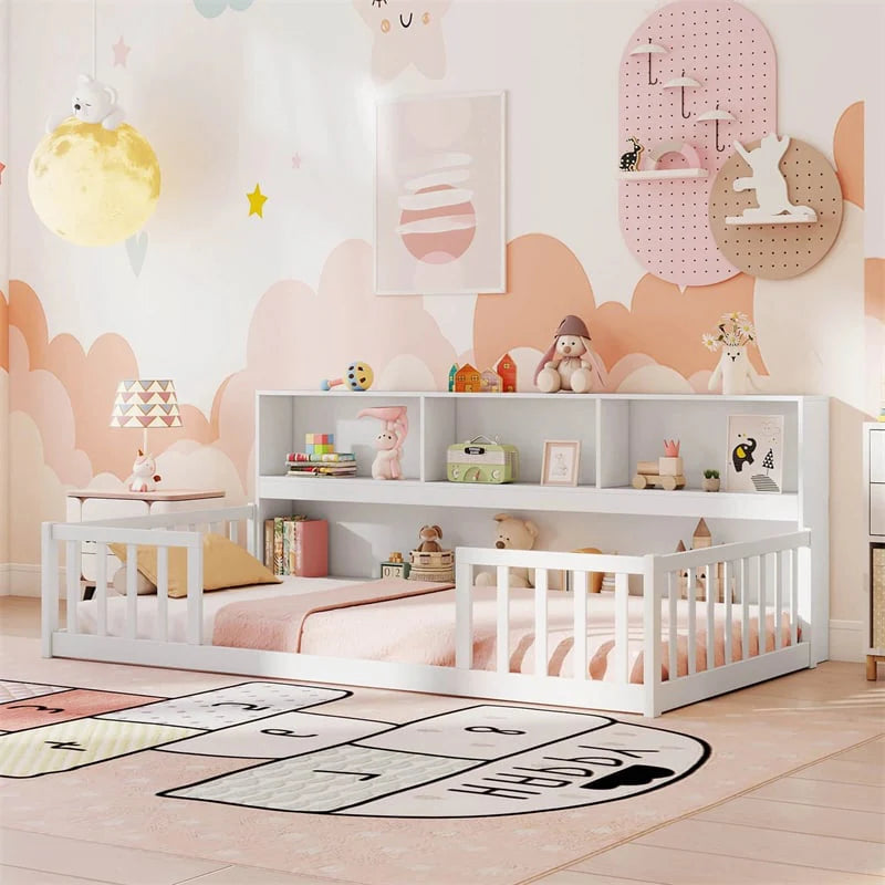 Twin Montessori Floor Bed, Wood Floor Bed Frame with Bookcase, Storage Shelves & Safety Fence Rails for Kids, No Box Spring Needed