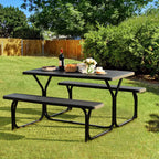 Outdoor Picnic Table Bench Set, All-Weather Dining Table Set, Metal Base Wood-Like Texture, Large Camping Table for Lawn Garden Backyard
