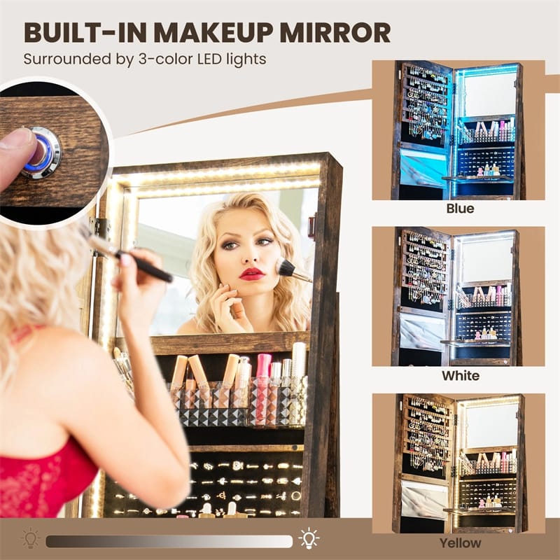 360�� Swivel Jewelry Cabinet Armoire w/ Full Length Mirror 3-Color LED Lights & Rear Shelves, Lockable Standing Jewelry Storage Organizer