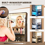 360�� Swivel Jewelry Cabinet Armoire w/ Full Length Mirror 3-Color LED Lights & Rear Shelves, Lockable Standing Jewelry Storage Organizer
